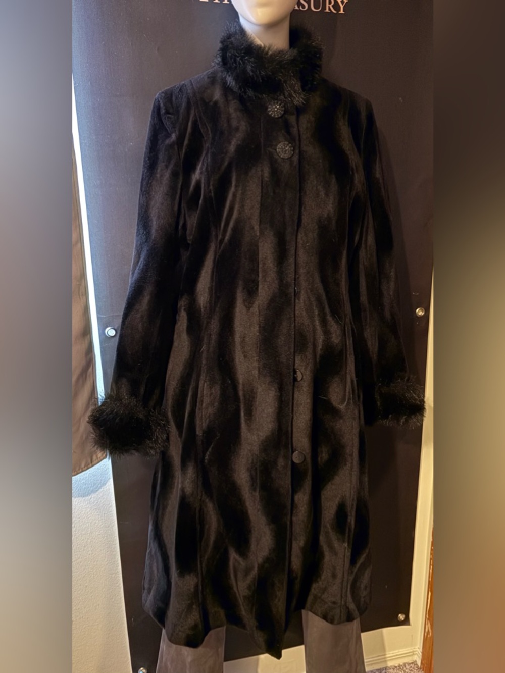 Jet Black Plush Faux Fur Trim Long Coat